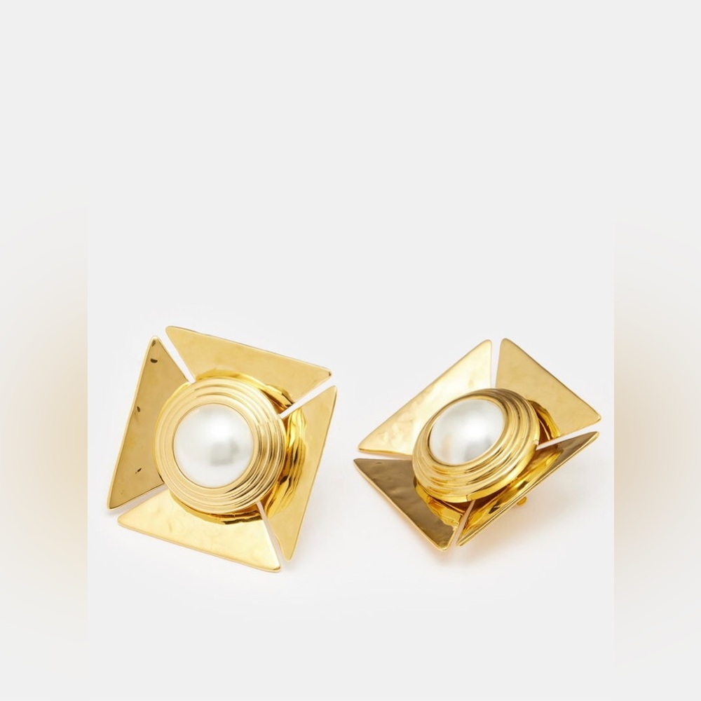 Saint Laurent Pearly Square Gold Clip Earrings